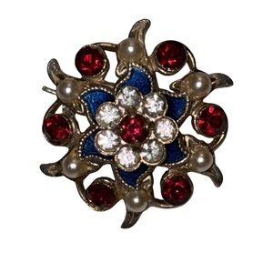 MCM Blue Red & Clear Crystal with Pearls Mini Floral Brooch